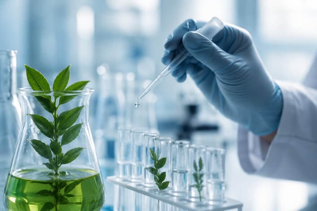 Insights Scientist working with plant based ingredients, representing technical expertise, innovation in the chemical and specialty ingredients sector