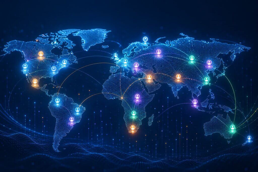 Insights global talent map showing a connected world network. A glowing blue world map is overlaid with illuminated nodes across North America, Europe, Asia-Pacific, South America, Africa and Australia, linked by flowing data lines and connection paths. The futuristic visual represents international recruitment, workforce mobility, market intelligence, talent mapping and global hiring trends.