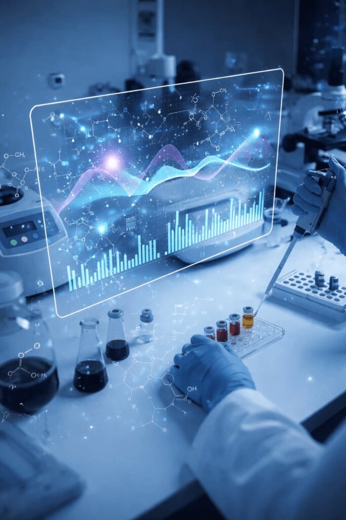 life sciences research and laboratory innovation with scientific data analysis