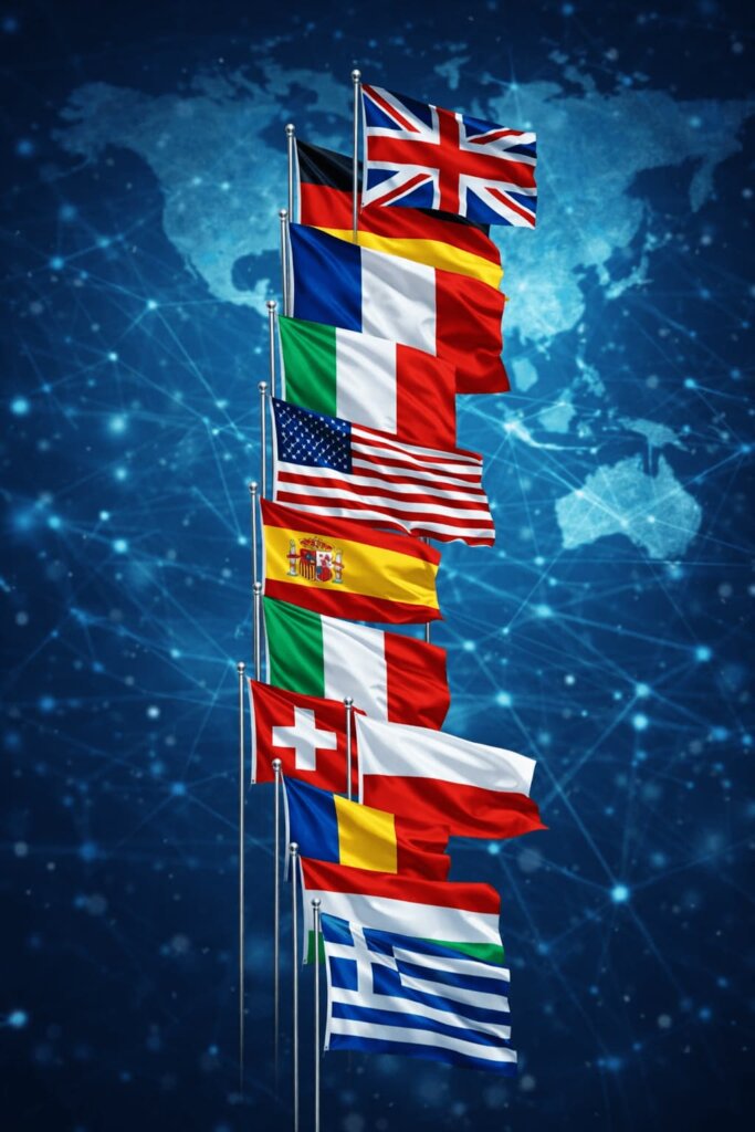 International recruitment across global chemical markets with multiple national flags representing global hiring 