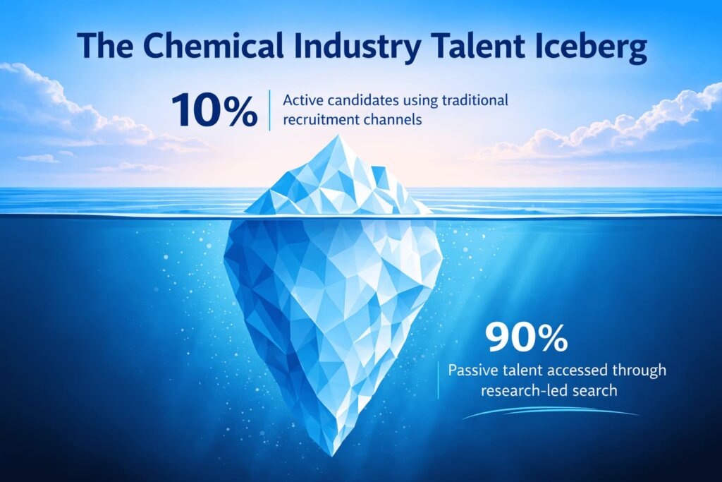 Chemical industry talent iceberg illustrating active candidates above water and passive talent identified through search