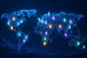 global talent map showing a connected world network. A glowing blue world map is overlaid with illuminated nodes across North America, Europe, Asia-Pacific, South America, Africa and Australia, linked by flowing data lines and connection paths. The futuristic visual represents international recruitment, workforce mobility, market intelligence, talent mapping and global hiring trends.