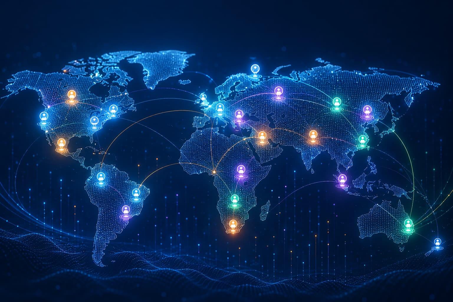 The Hiring Trends Defining Specialty Chemical Markets in 2026 global talent map showing a connected world network. A glowing blue world map is overlaid with illuminated nodes across North America, Europe, Asia-Pacific, South America, Africa and Australia, linked by flowing data lines and connection paths. The futuristic visual represents international recruitment, workforce mobility, market intelligence, talent mapping and global hiring trends.