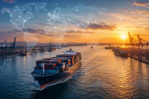 Container ship navigating a major international port, illustrating global trade flows, supply chain complexity, and market uncertainty influencing hiring across the chemical industry