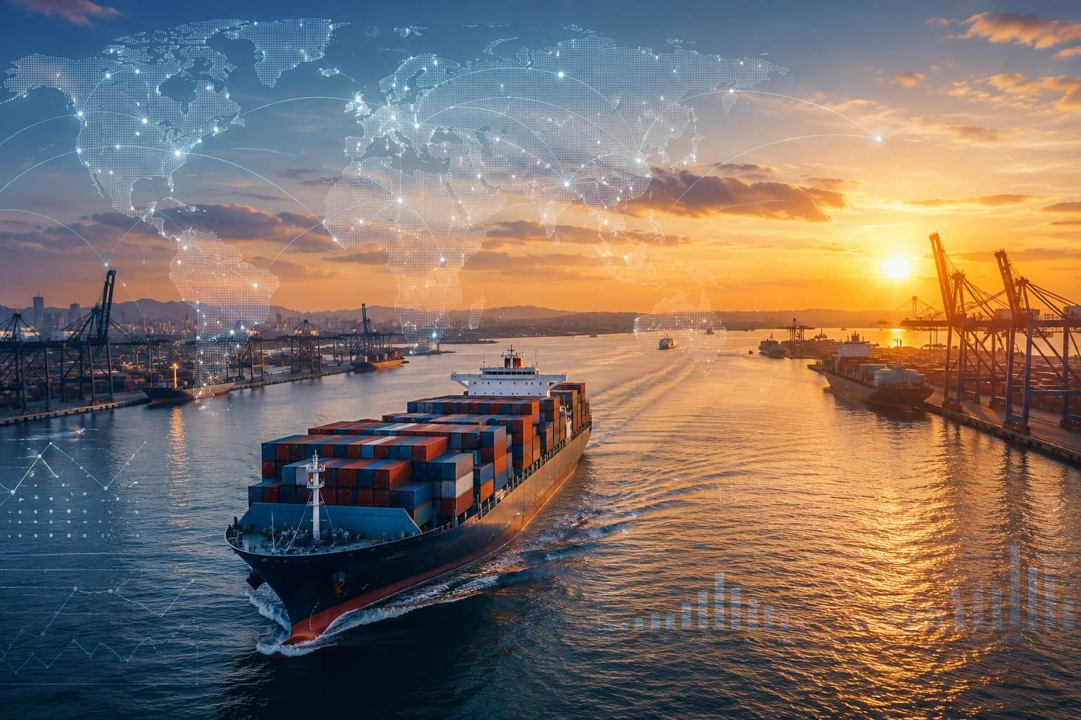 Container ship navigating a major international port, illustrating global trade flows, supply chain complexity, and market uncertainty influencing hiring across the chemical industry