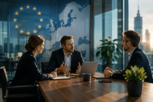 Beyond Compliance: Five Recruitment Questions Raised by the EU Pay Transparency Directive Business leaders discussing recruitment strategy against a European backdrop, representing the recruitment implications of the EU Pay Transparency Directive