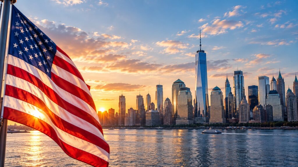 american flag over new york skyline