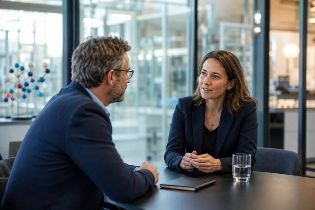 Candidates Two individuals in an office discussing recruitment within the chemical sector.