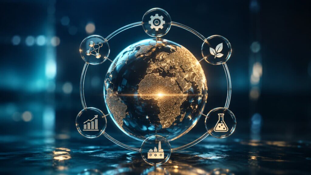 luminous glass globe with chemistry medallions