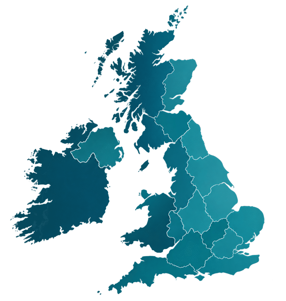 stylised teal map of britain and ireland