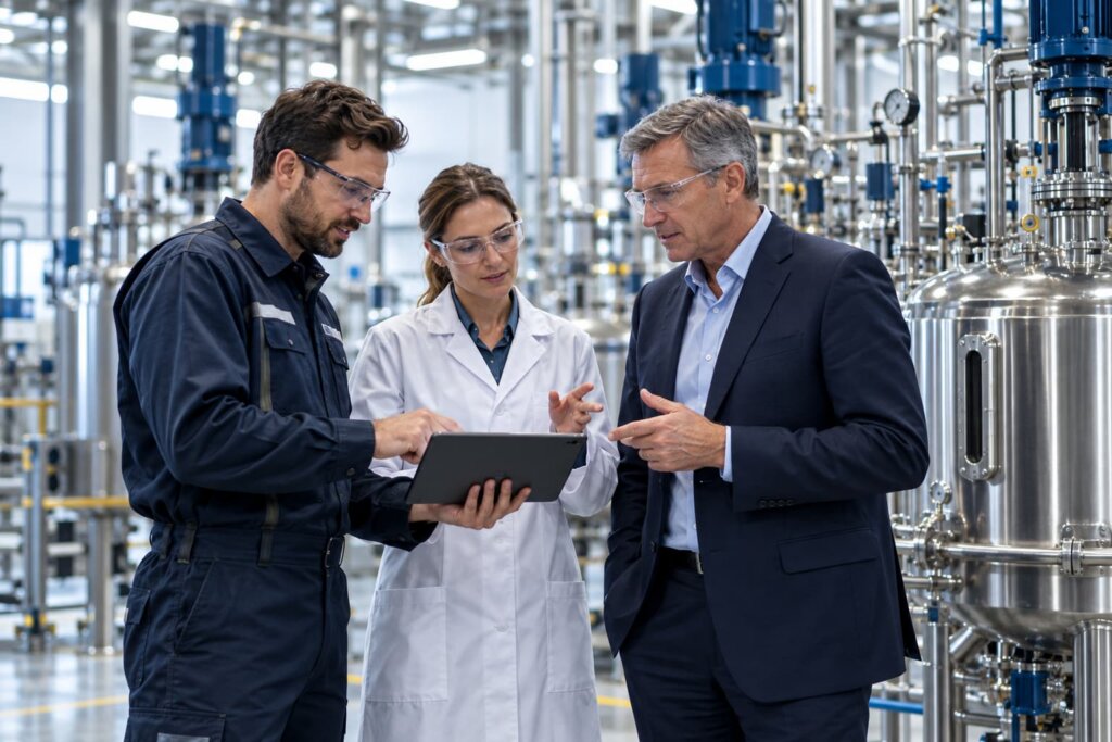 Chemical Contract Manufacturing Recruitment three experts collaborating in chemical manufacturing